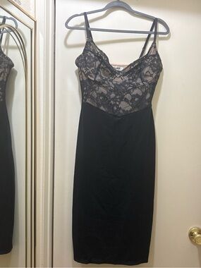 Black Lace-Overlay Slip Dress with Nude Lining